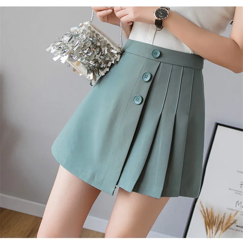 Женская Асимметричная плиссированная юбка трапециевидной формы с завышенной талией однотонная Передняя однобортная выше колена Мини Длина Весна