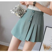 Женская Асимметричная плиссированная юбка трапециевидной формы с завышенной талией однотонная Передняя однобортная выше колена Мини Длина Весна