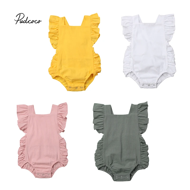 

Pudcoco Vintage Bodysuit Newborn Baby Girl Boy 2018 New Ruffle Fly Sleeve Solid Color Bodysuit Jumpsuit Outfit Sunsuit 0-24M