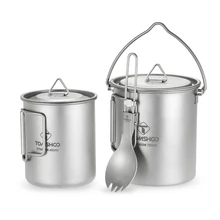 TOMSHOO Camping Hiking 3 Cup Set Titanium 750ml Pot 450ml Water Cup Mug Lid CollapsibleHandle Folding Spork Lightweight Cups