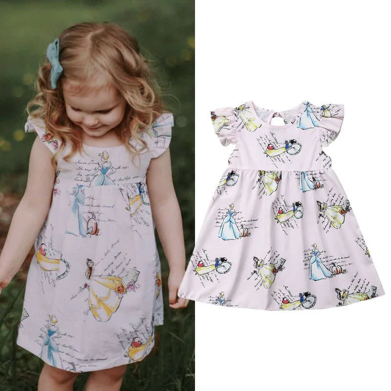 

Cute Kids Girls Princess Dress Flying Sleeve Printed Pageant Party Summer Dress Girl Cotton Sundress Back Bow Belt Dresses 2-7Y
