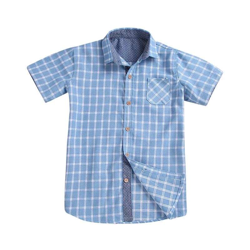 

4-10 Years Plaid Shirts For Boys Summer Blue Plaid Kids Roll Up Blouses Boys Clothes Cotton Child Pocket Boys Kids Shirts Tops