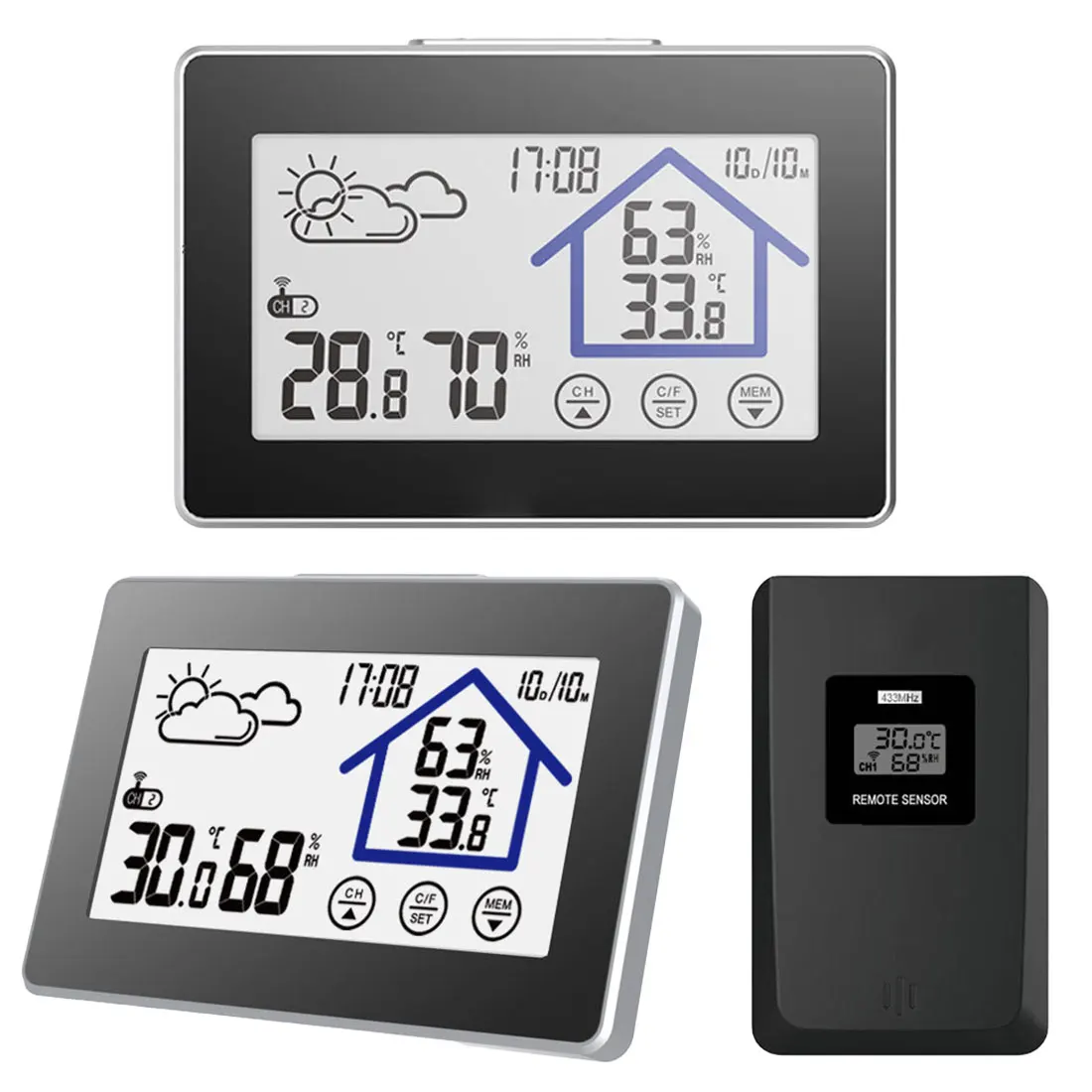 

1pc Wireless Thermometer Hygrometer Touch Screen Weather Station Thermometer Outdoor Forecast Sensor Clock