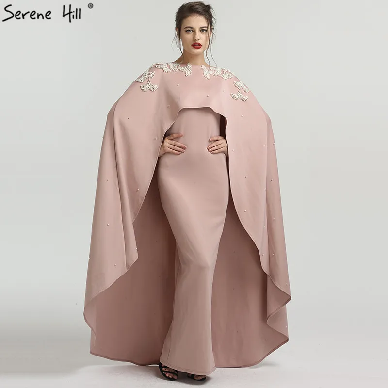 

MuslimPink Yarn Shawl Evening Dress O-Neck Pearls Fashion Women Formal Evening Gowns 2019 Serene Hill QA8023