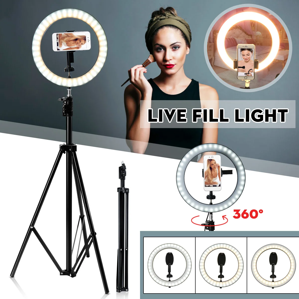 

LED Ring Light 10 Dimmable With Tripod Phone Clip Photo Selfie Live Fill Light USB Compatible Multi-scene Stepless Adjustment