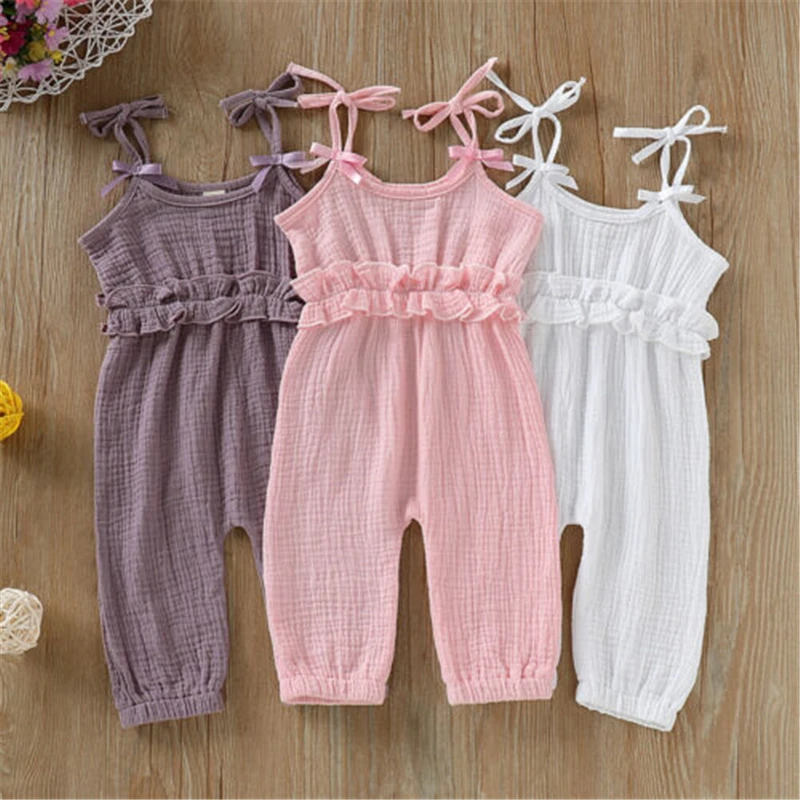 

Baby Girl Jumpsuit Romper Long Pants Trousers Hot New Newborn Baby Girl Lace Cotton Sleeveless Lace Up Solid Color Soft Romper