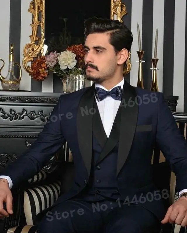 

Men Wedding Suits 2018 Italian Design Shawl Lapel 3 Pieces Groomsmen Navy Blue Tuxedo Groom Suits Wedding Men Custom Made