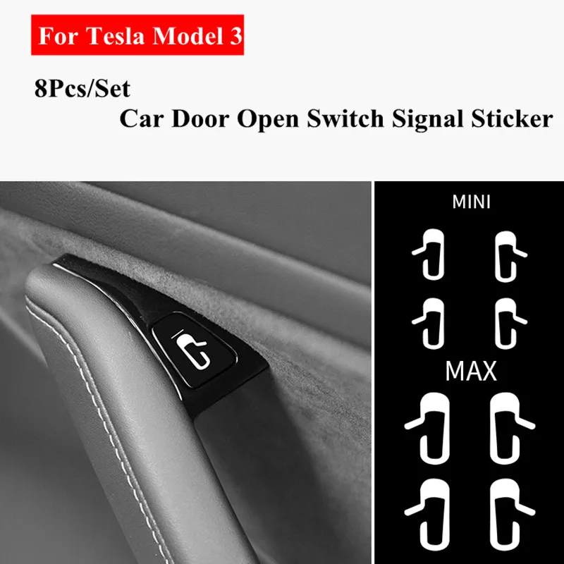 

8pcs/set Car Door Open Exit Sticker Decal for Tesla Model 3 Interior Decoration Door Open Button Reminder Switch Handle Sticker