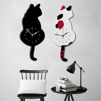 

Acrylic Creative Cartoon Cute Cat Wall Clock Home Decor Watch Way Tail Move Silence Home Office Decor