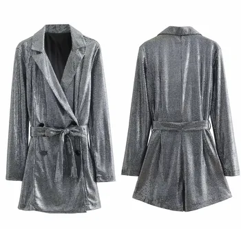 

Sexy Silver Sequins Loose Rompers 2019 New Fashion Double Breasted Sashes Women Blazers Romper Casual Jumpsuit