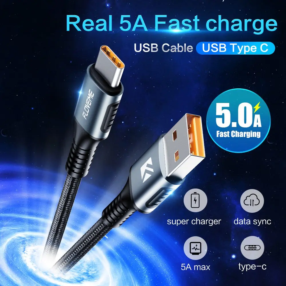 FLOVEME 5A Тип usb C кабель для huawei Коврики 20 Pro Lite P30 P20 QC 3,0 для передачи данных и быстрой зарядки в плоской спиралевидной форме для samsung S10 S9 S8 плюс