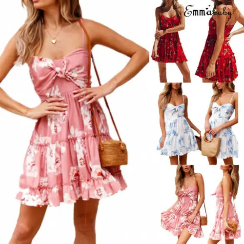

Women's Straps Ruffled Bodycon Dress Sexy Fashion Short Mini Summer Dress Bow Boho Sleeveless Thin Sling Temperament Gown