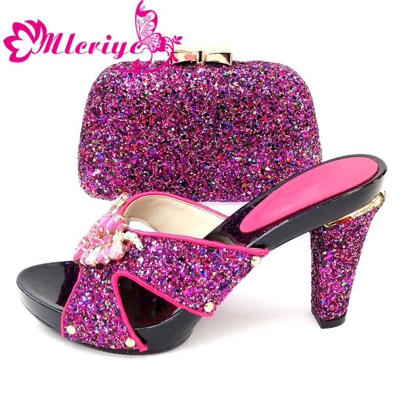

fuchsia Matching Shoe and Bag Set Decorated with Rhinestone African Shoe and Bag Set for Party In Women Italian Ladies Shoe
