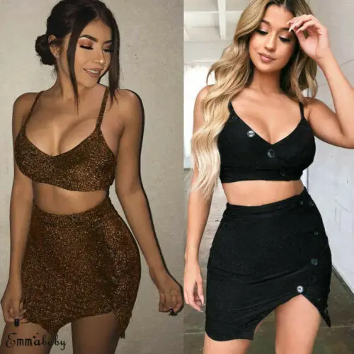 

2pcs Set Sexy Summer Women Button Bodycon Crop Tops Playsuit Skirt Clubwear Party Clothes Set