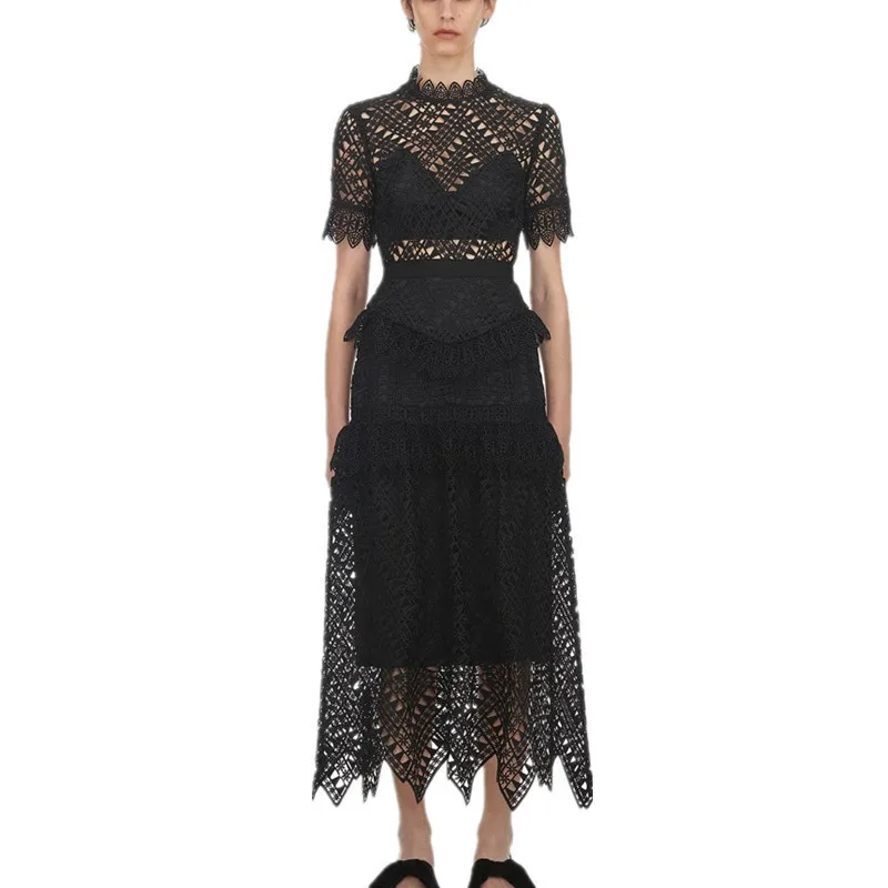 

2019 Winter New Arrival Black Lace Short Sleeve Party Dresses Womens Vintage Maxi Long Self Portrait Dresses Vestidos
