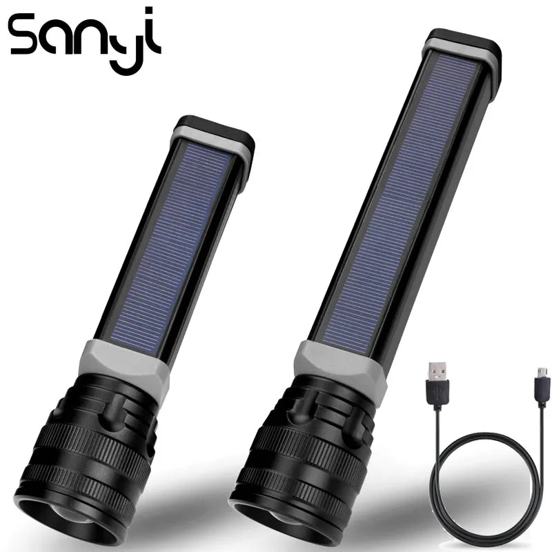 

SANYI 3 Modes Flashlight Solar or USB Charging Built-in Battery Torch Zoomable Portable Lamp Camping Hunting Lantern