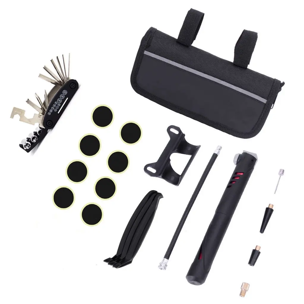

Bicycle Repair Kit, 120pci Mini Air Pump, Multi Tool, Tire Lever and Self-adhesive Parts for Travel, Outdoor, Camping, Family