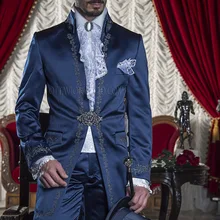 Итальянские мужские костюмы, синий длинный фрак с вышивкой, официальные свадебные костюмы для мужчин, смокинг для жениха, мужской костюм, 2 предмета