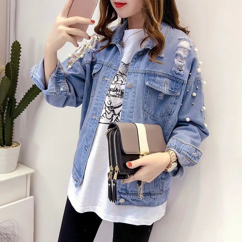 

Pearls sequins hole denim jacket Korean jeans jacket women fashion jackets 2019 new autumn chaqueta mujer loose veste femme