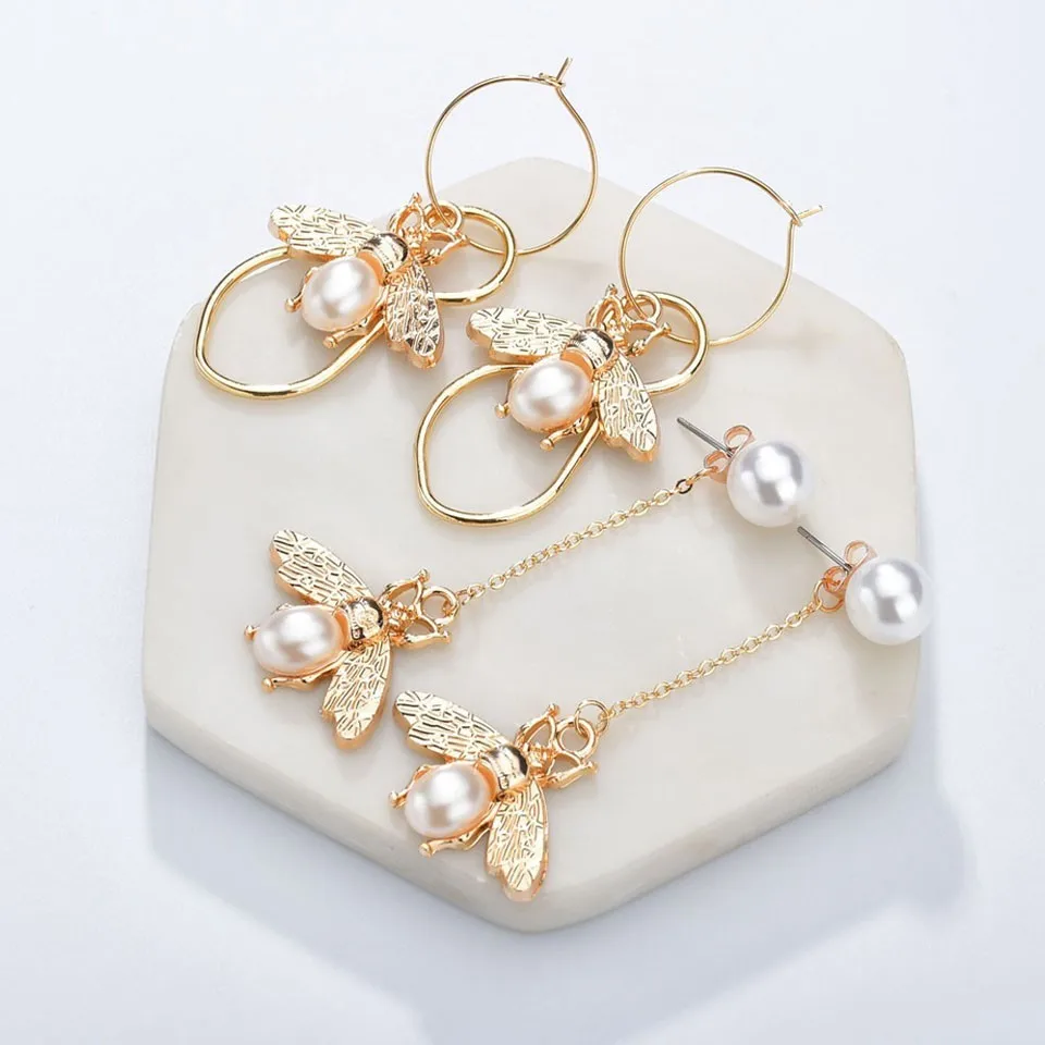 

Women Fashion Drop Earrings Cute Bee Design With Pearl Trendy Jewelry Female Drop Earrings Handmade Earring Jewelry Gifts