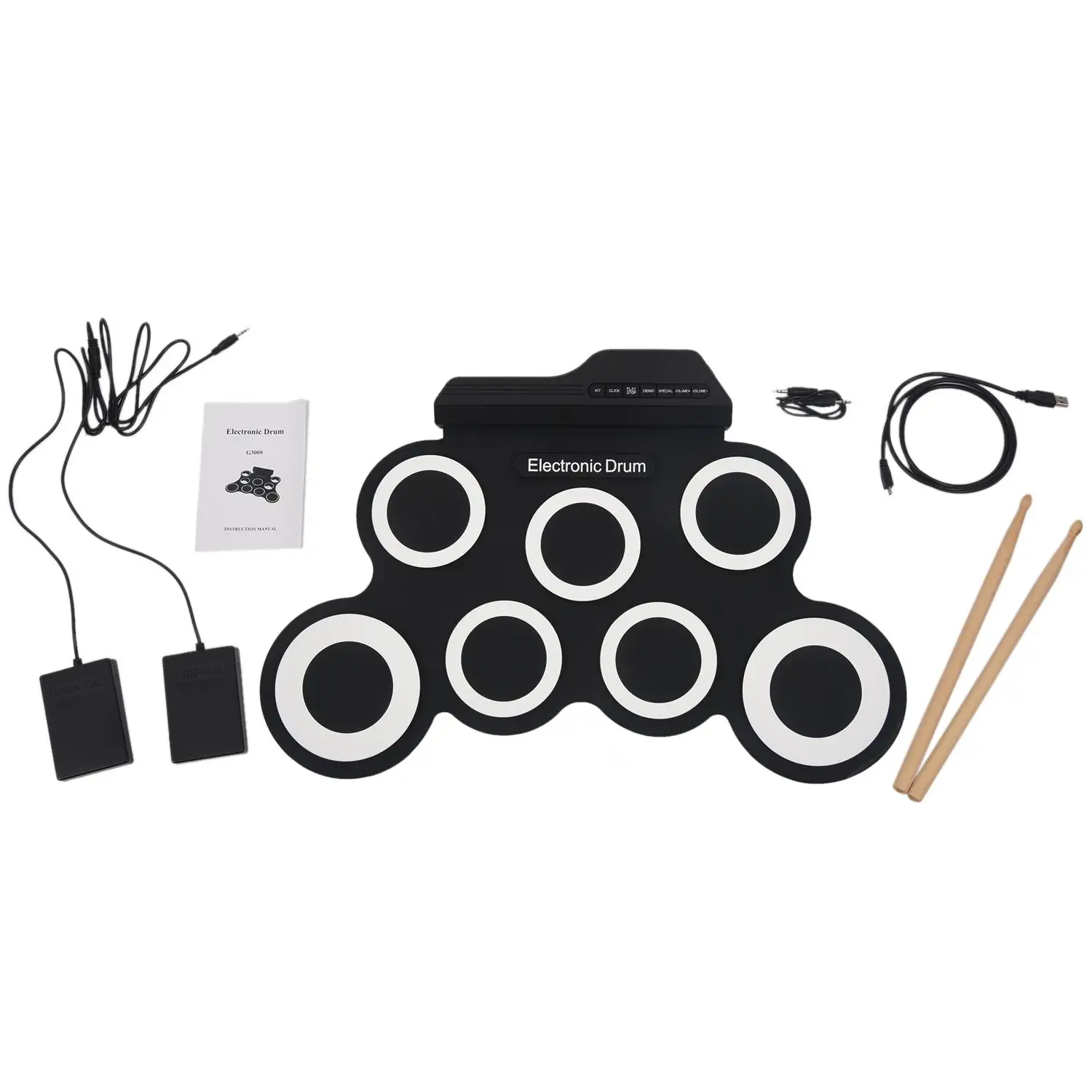 Electronic Drum Set /7 Electronic Drum /7 Tone /8 Demo Song/ 7 Drum Pads Metronome Function /External Instrument Input Availab
