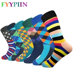 Happy Socks бросился Sokken 2019 Забавный узор яркие красочные Для мужчин Аргайл картины маслом точка полосатый хлопок свадьбы (6 пар/лот)