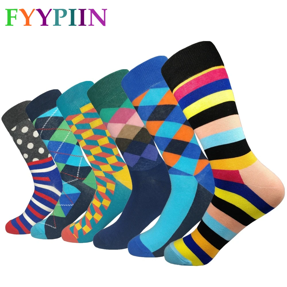 

Happy Socks Rushed Sokken 2019 Funny Pattern Bright Colorful Men's Argyle Oil Painting Dot Striped Cotton Wedding (6 Pairs/lot)