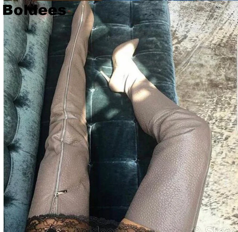 

Black Brown Leather Pointed Toe Stilettos Heeled Over The Knee Boots Women Winter Shoes Crotch Sexy Thigh High Boots Woman