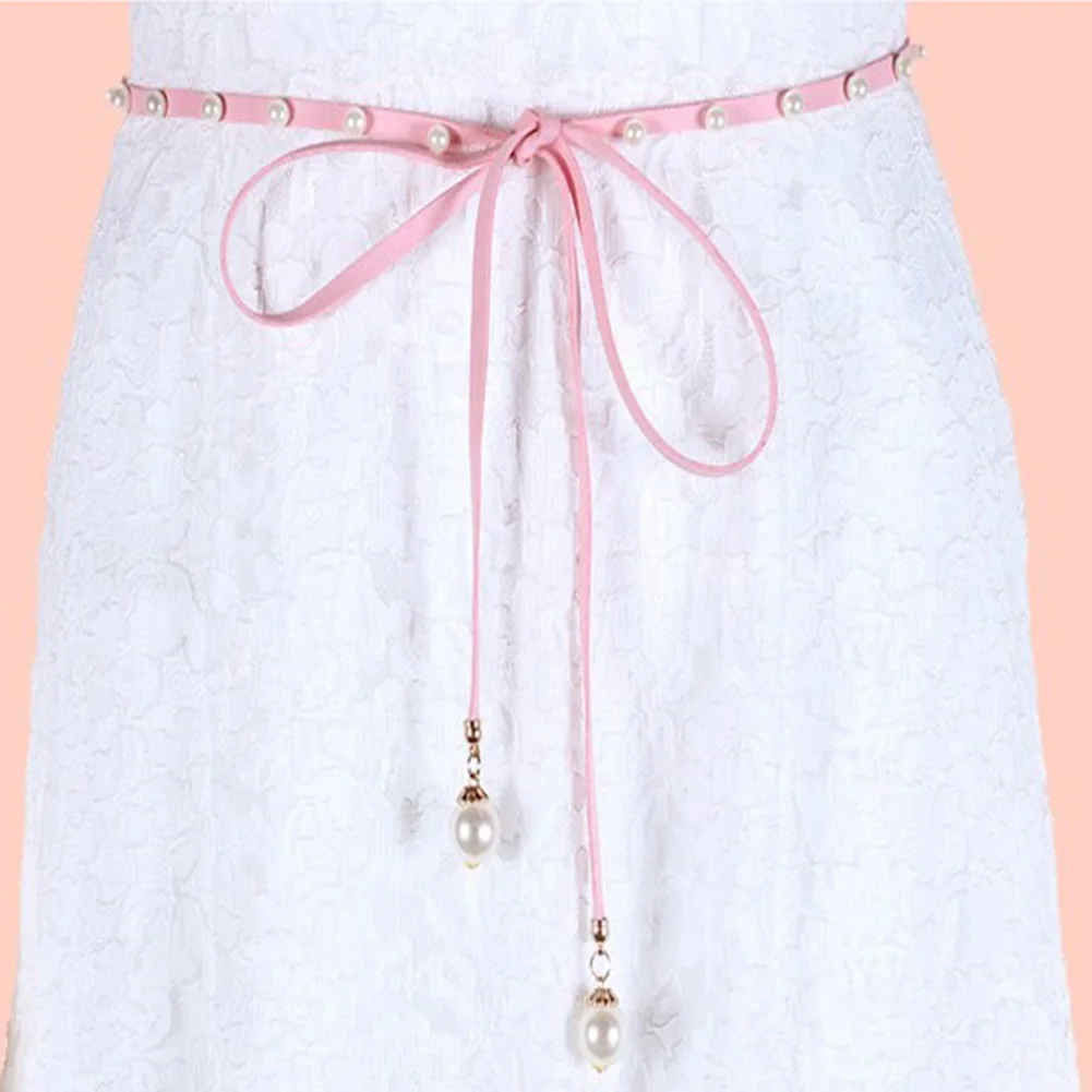 

1x Pearl Decorate Long Leather Belt Waist Chain Rope Casual Thin Belt For Dress Candy Color Women PU Dresses Belts Pink