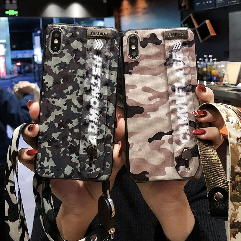 

Wrist Strap Case For Iphone 8 7 6 6S Plus X XR XS Max Camouflage Pattern Hard PC Back Cover Stand Coque With Lanyard Neck Strap