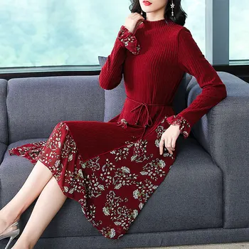 

Dress women long-sleeved autumn outfit new bigger sizes knitting clothes women casual clothes patchwork floral plus size XL-5XL