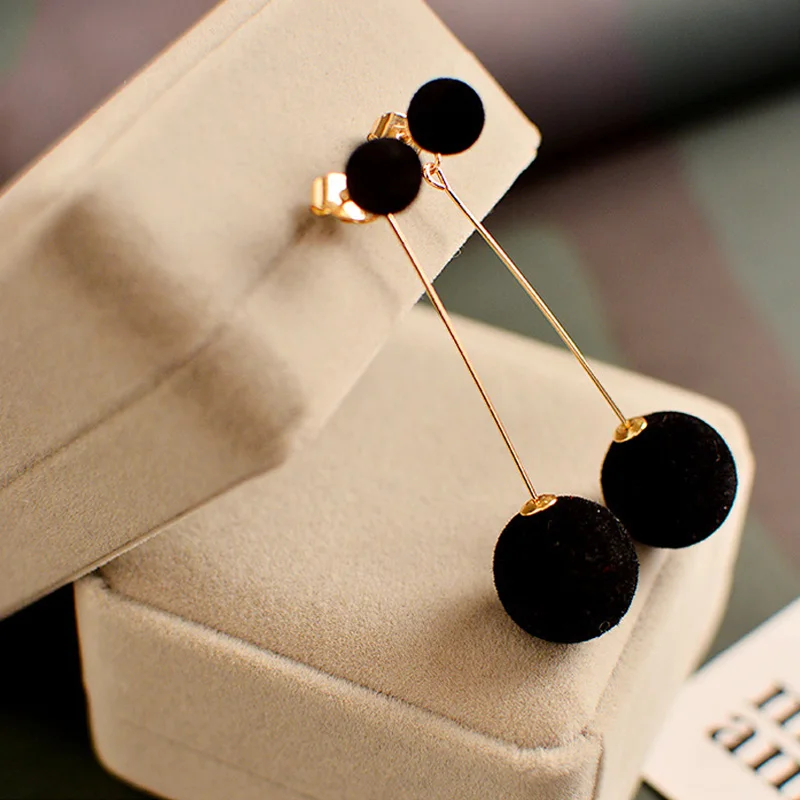

SALE Red Black Plush Ball Drop Earrings For Women Korea personality Round Long Tassel Earrings Statement Jewelry Gift