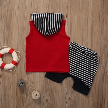 2 pieces Sleeveless Hooded T-shirt and Striped Shorts For Boy Summer Clothes 6
