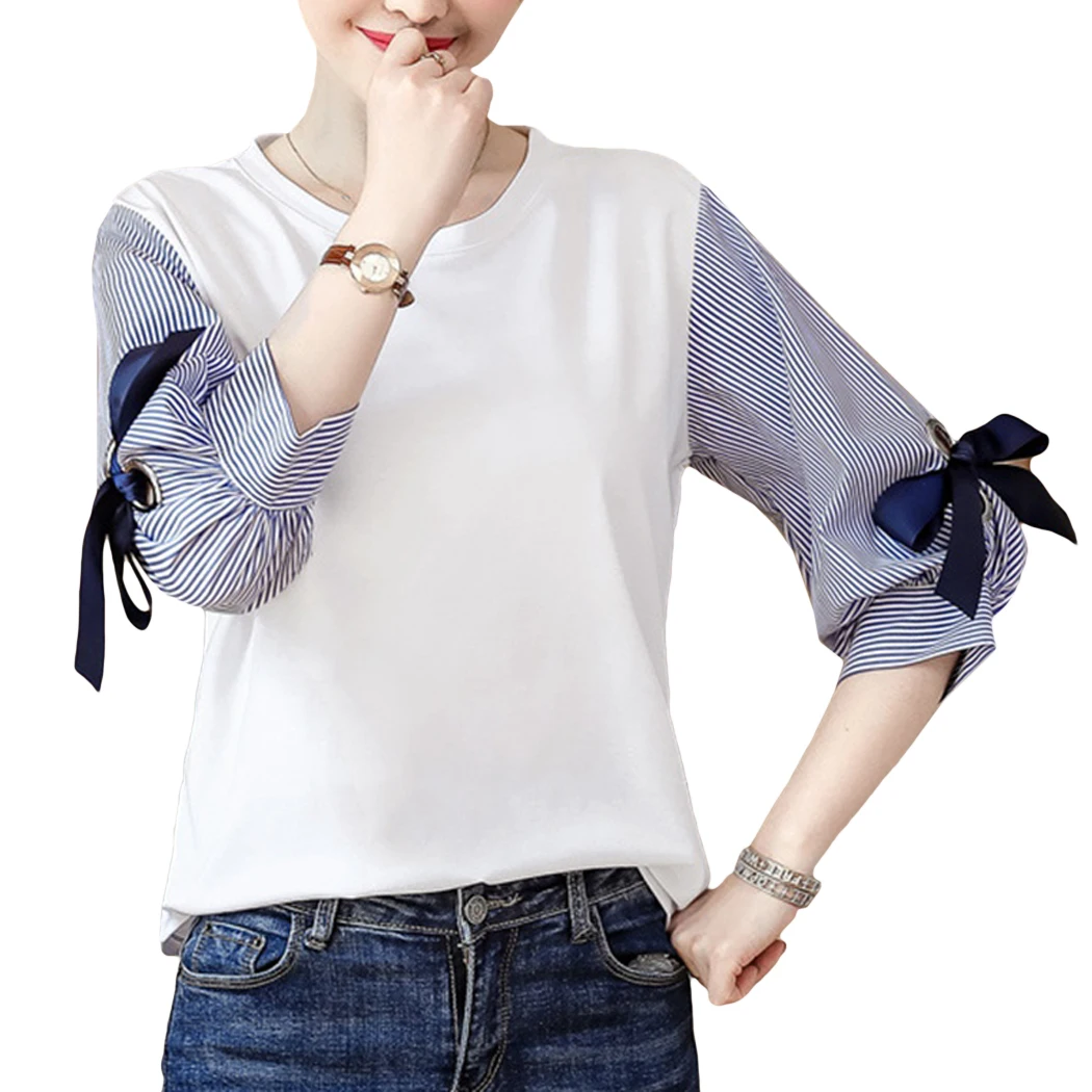 

New Women Spring&Summer Bow Chiffon Blouse Patchwork Shirts Office Lady Lantern Sleeved Solid Loose Casual Tops 2019