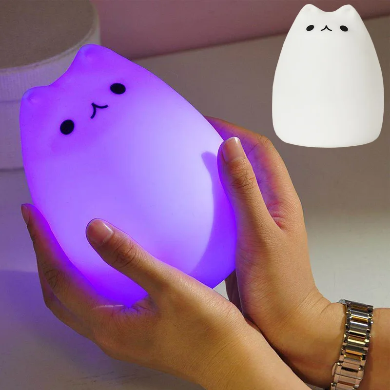 

Table Lamp With USB Rechargeable Popular Cartoon Cat Soft Silicone 7 Colors For Kids Night LED Light