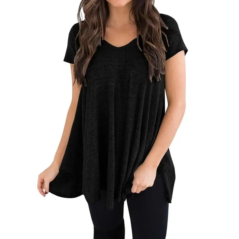 2018 New Summer Europe and America Casual Women Solid Color V-Neck Irregular T-Shirts Female Short Sleeve Pullover Tees | Женская одежда