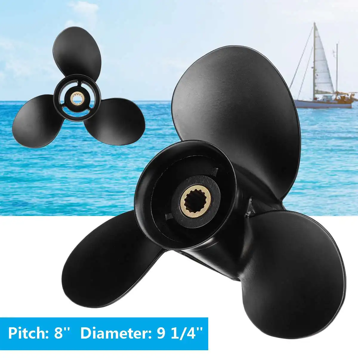 

3BAB645160 9.25 x 8 Aluminum Outboard Propeller For Tohatsu-Mercury 9.9-20HP Black 3 Blades 14 Spline Tooth Standard Rotation