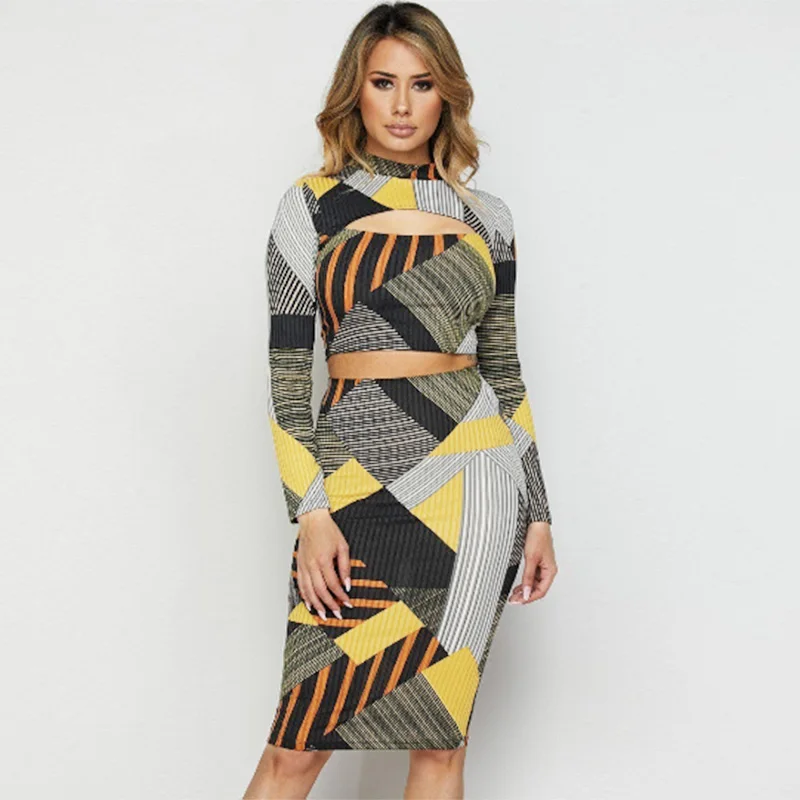 

Sexy Women Geometric Striped Print Two Piece Set Hollow Out Turtleneck Long Sleeve Crop Top High Waist Skirt Outfits