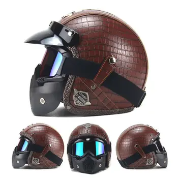 

Vintage PU leather Helmets Mask Detachable Goggles And Mouth Filter Perfect for Open Face Motorcycle Half Helmet