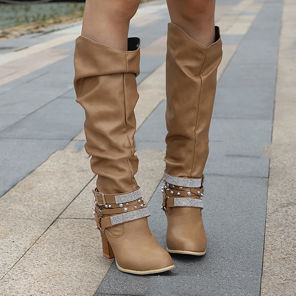 2019 Women Western Cowboy High Heels Knee High Boots PU leather Boots ...