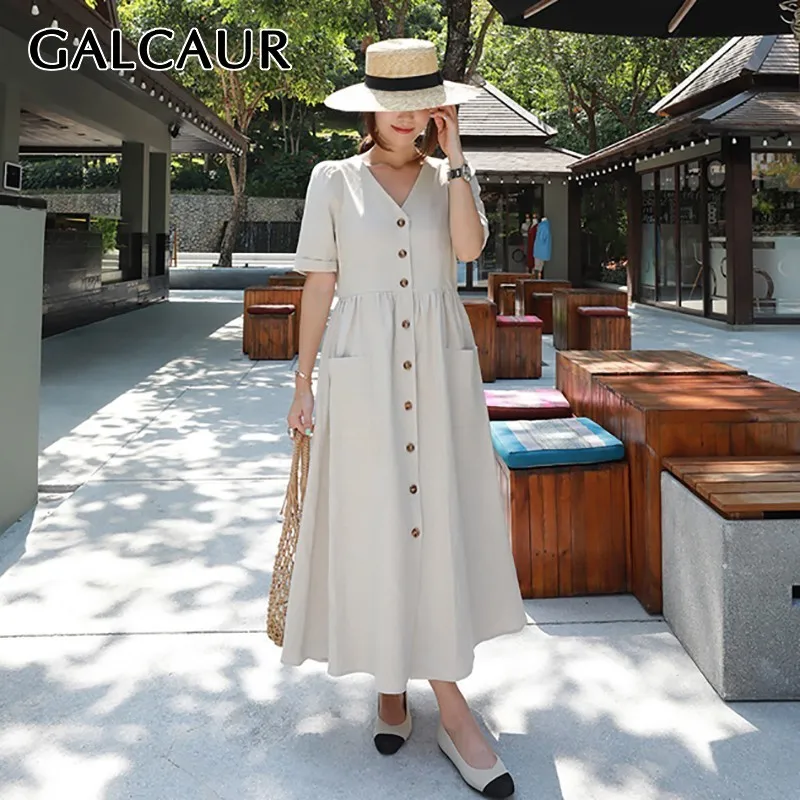 

GALCAUR Casual Solid Women Dress V Neck Short Sleeve High Waist Button Oversized Long Dresses Female Summer 2019 Fashion New
