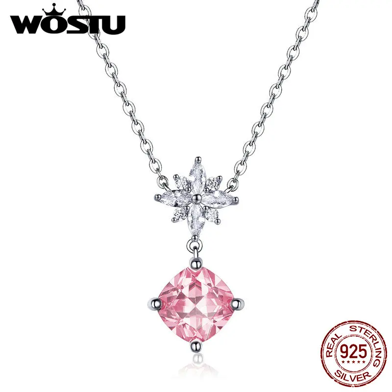 

WOSTU Pink Sakura Necklaces 925 Sterling Silver Dazzling Clear Zircon Chain Choker Pendant For Women Silver 925 Jewelry CTN048