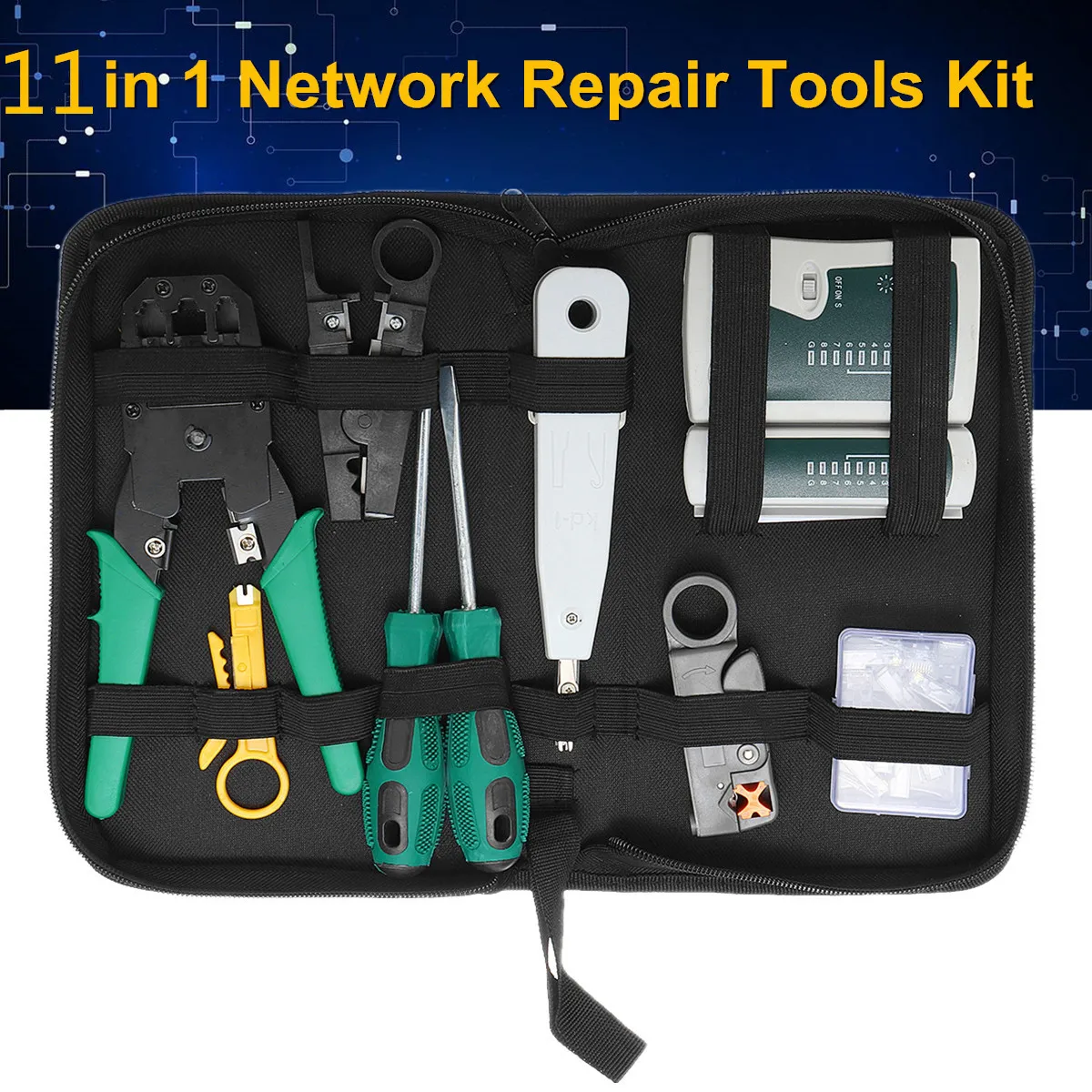 

11PC LAN Network Crimper Plier Hand Tool Kit Repair Cable Tester Cat5 Ethernet Connector Test RJ45 RJ11 RJ12 Stripping Cable Mak