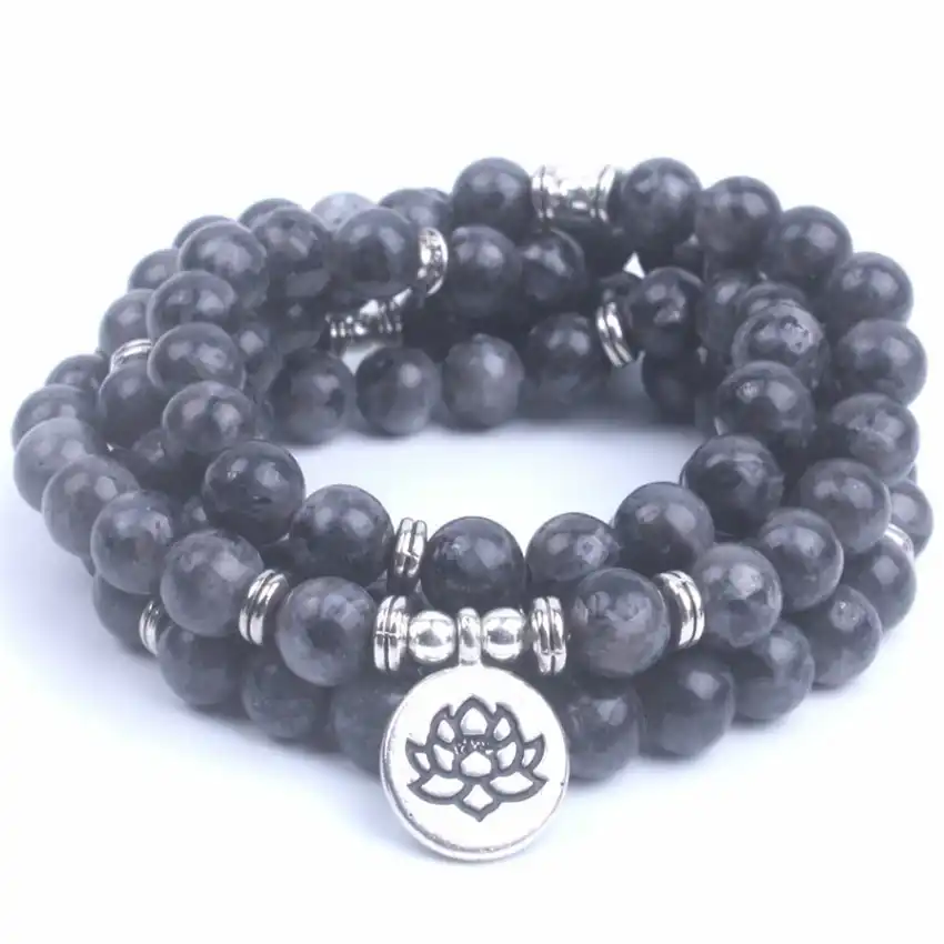 6 мм 108 мала Лабрадорит с лотоса Ом Будда Шарм Йога браслет ожерелье ювелирные изделия из натурального камня Прямая доставка