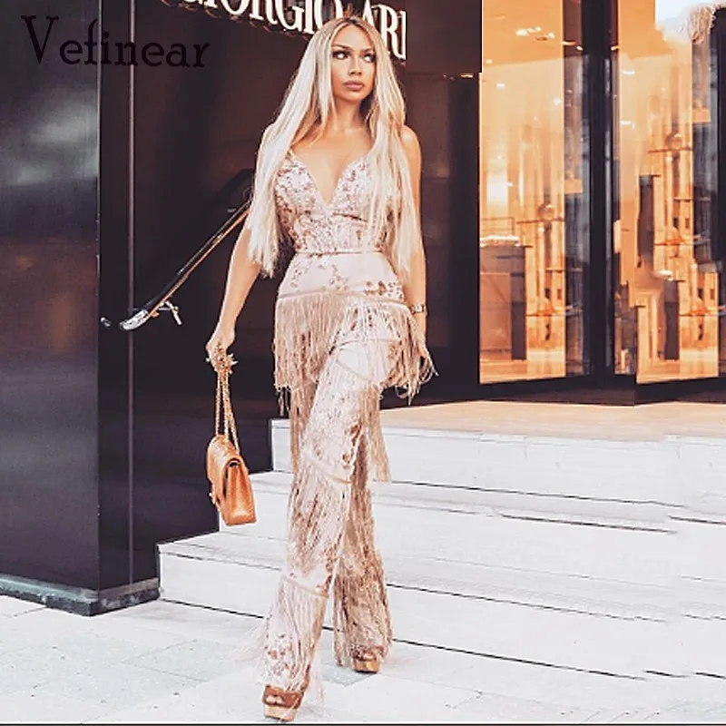 

Vefinear Sexy Tassel Sequin Jumpsuits Bodycon V Neck Club Rompers Celebrity Pink White Women Bandage Jumpsuit Vestidos Female XL