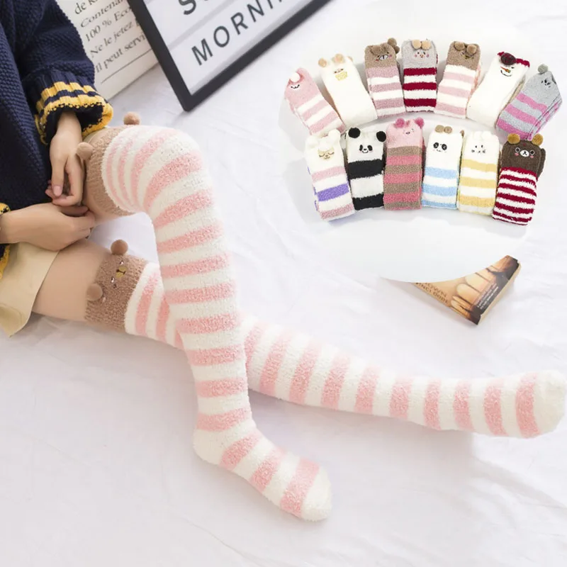 

THEFOUND Cute Soft Fluffy Fuzz Thick Coral Fleece Warm Women Lady Winter Floor Bed Ankle Striped Socks