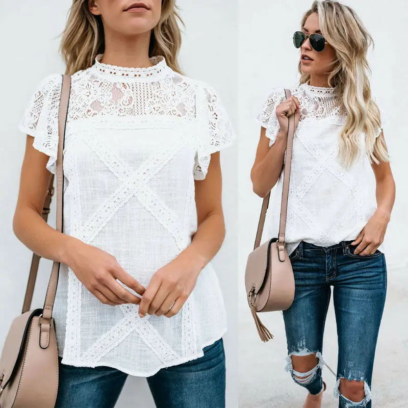 2019 الدانتيل بلوزة المرأة الصيف عارضة قصيرة الأكمام الدانتيل خليط قمم أزياء النساء فضفاضة بلوزة قميص