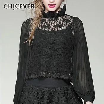 

CHICEVER Summer Solid Hollow Out Lace Patchwork Mesh Lantren Sleeve Shirt Women Stand Collar Pullover Perspective Top Clothing