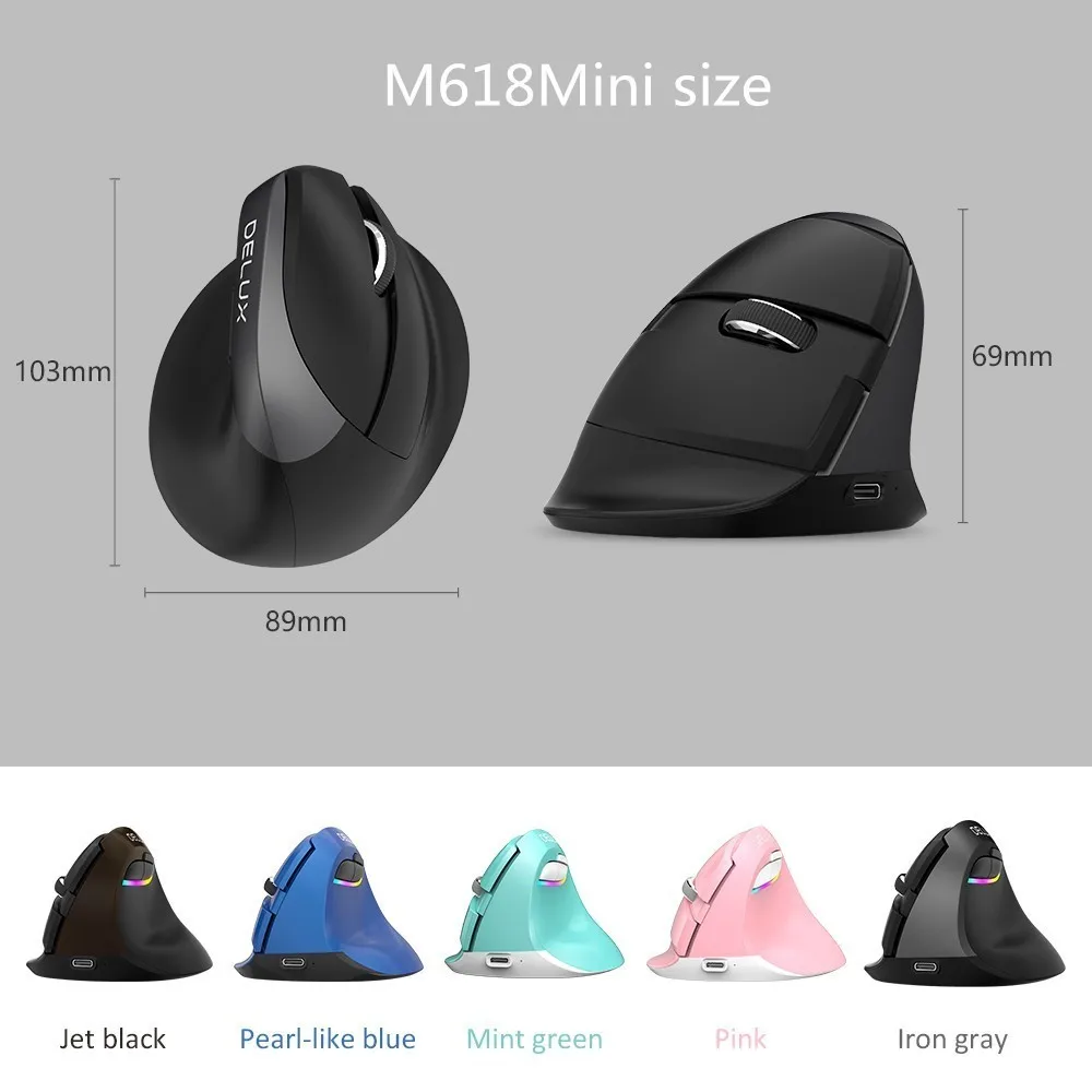 Delux M618 Mini Bluetooth Mais Usb sem Fio Mouse Silencioso Clique Rgb Ergonômico Recarregável Ratos de Computador Verticais para Usuários de Mão Pequena - Imagem 4