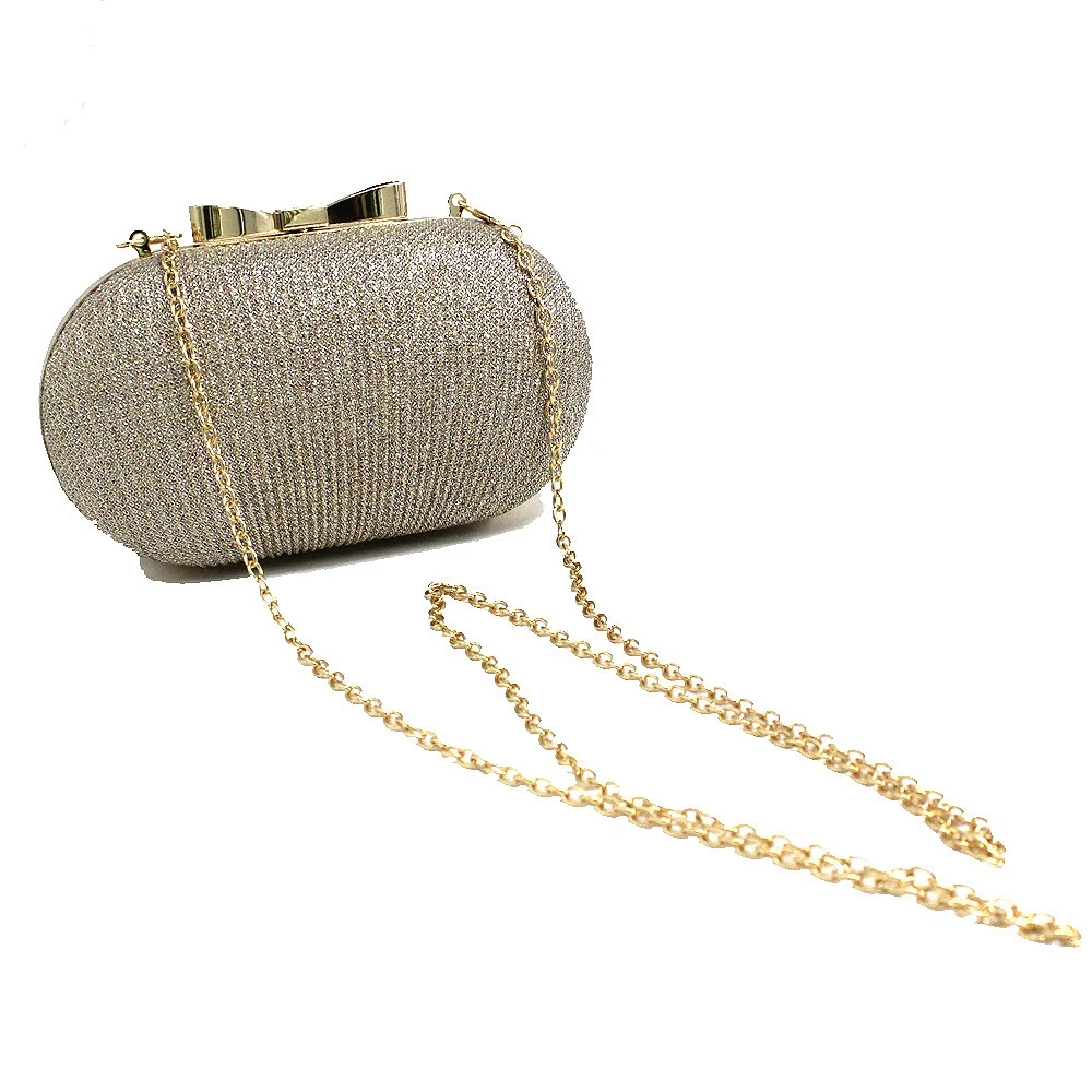 Bolso de mano de noche dorado para mujer bolsos de mano brillantes para boda bolso de hombro con lazo de Metal para novia